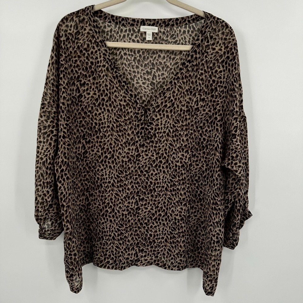 Garnet Hill Blouse Top Women's 14 Multi Animal Print Silk Long Sleeve V Neck